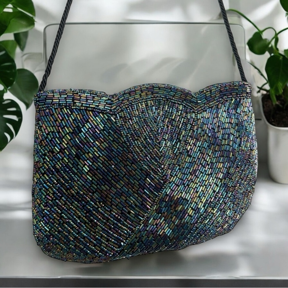 Boutique Bohemian Black Opalescent Beaded Velour Shoulder Bag Crossbody Purse